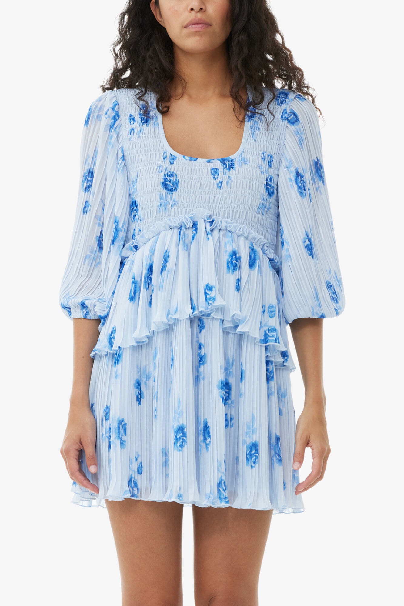 Blue Pleated Georgette Flounce Smock Mini Dress | GANNI US