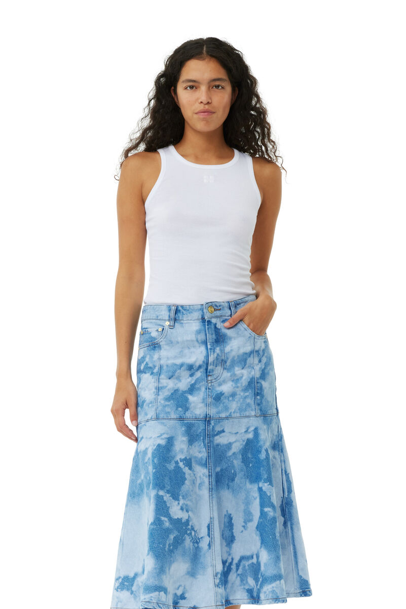 Blue Bleach Denim Flounce Midi Skirt, Cotton, in colour Light Blue Stone - 2 - GANNI