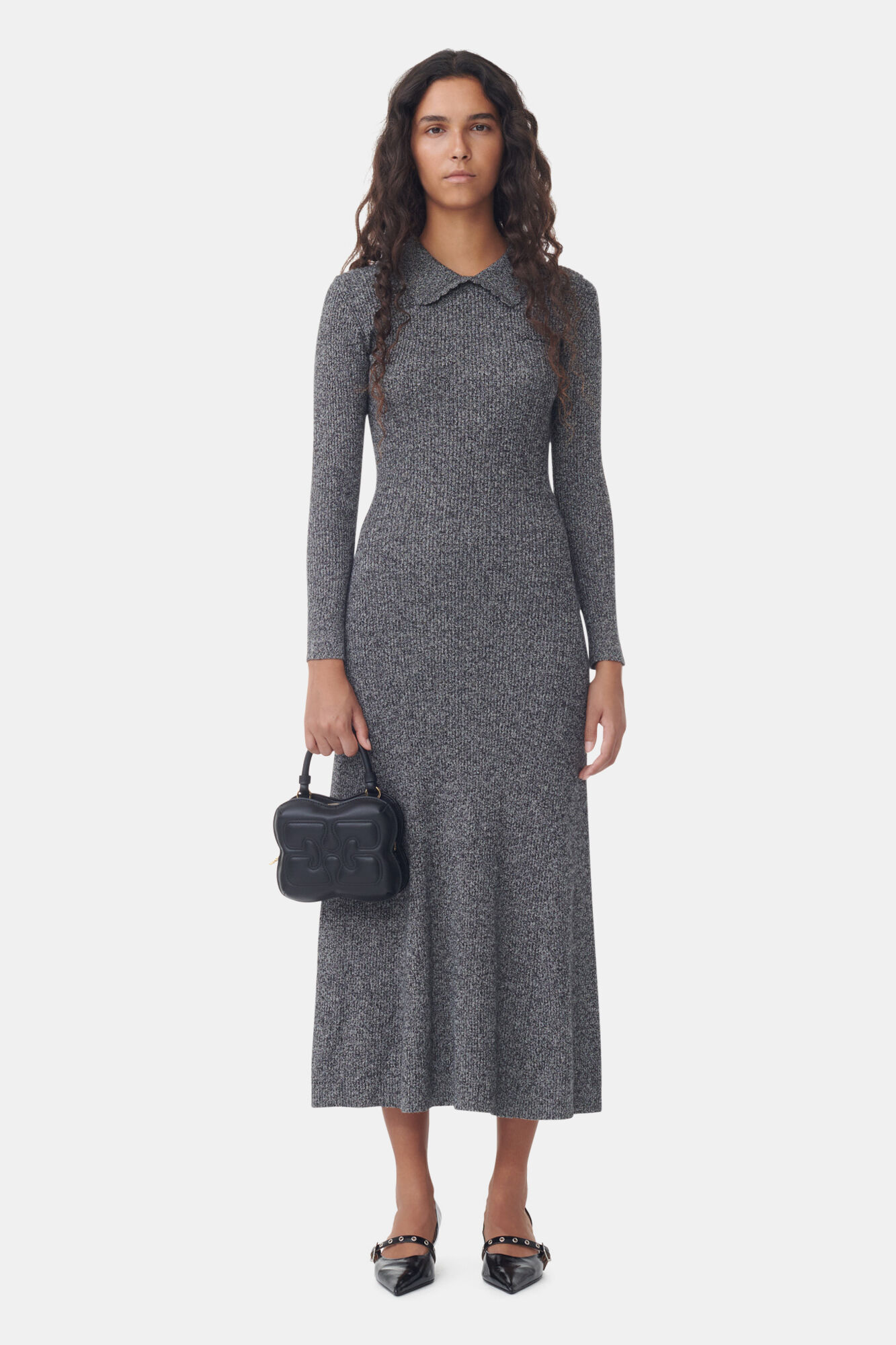 Grey Collar Maxi Dress, Cashmere, in colour Ebony Melange - 1 - GANNI