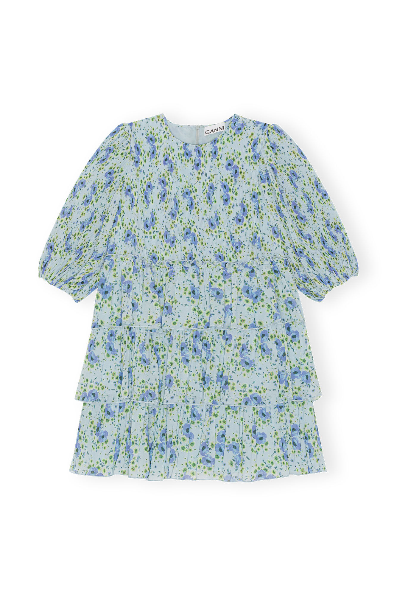 Pleated Georgette Mini Dress, Recycled Polyester, in colour Ice Water - 1 - GANNI