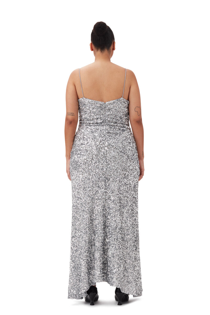 3D Sequins Long Slip klänning, Elastane, in colour Silver - 8 - GANNI