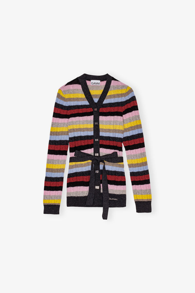 Multicolour Stripe Belt Cardigan, Recycled Polyamide, in colour Multicolour - 1 - GANNI