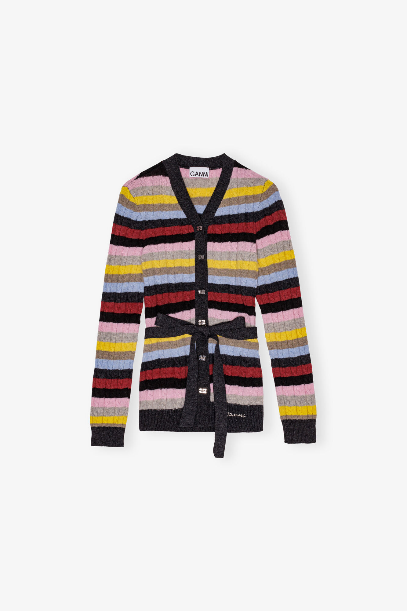 Multicolour Stripe Belt Cardigan, Recycled Polyamide, in colour Multicolour - 1 - GANNI