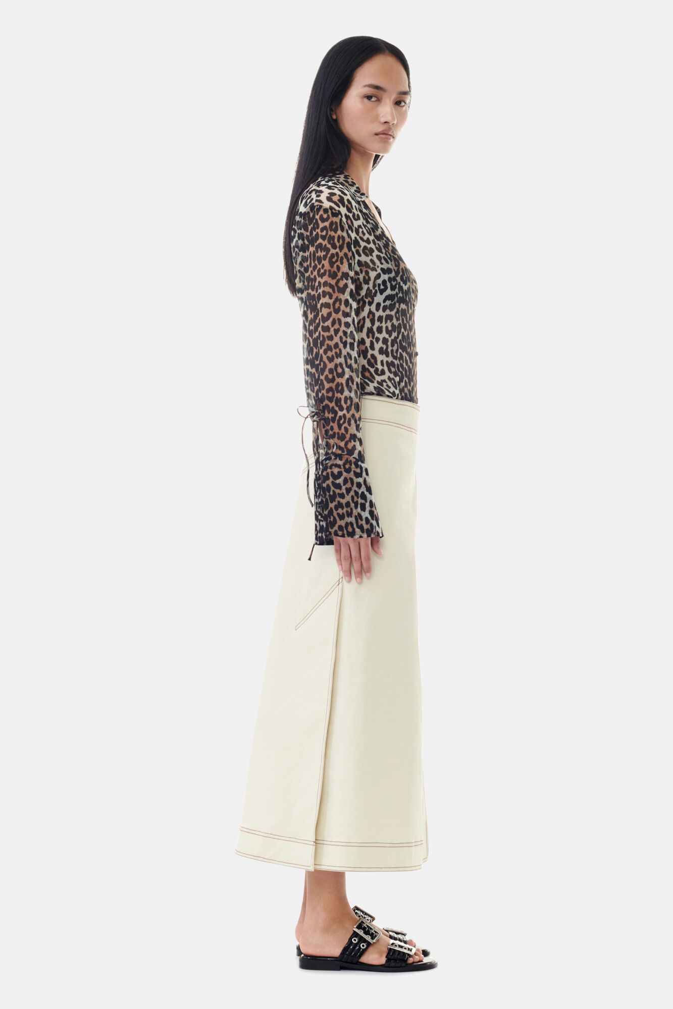 Leopard Printed Chiffon Slim Shirt, Recycled Polyester, in colour Almond Milk - 3 - GANNI