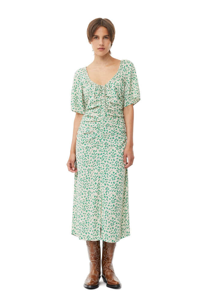 Printed Crepe U-neck Midi Dress, Tapioca