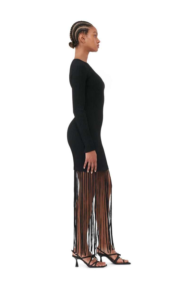 Black Melange Knit Fringe Mini Dress, Elastane, in colour Black - 2 - GANNI