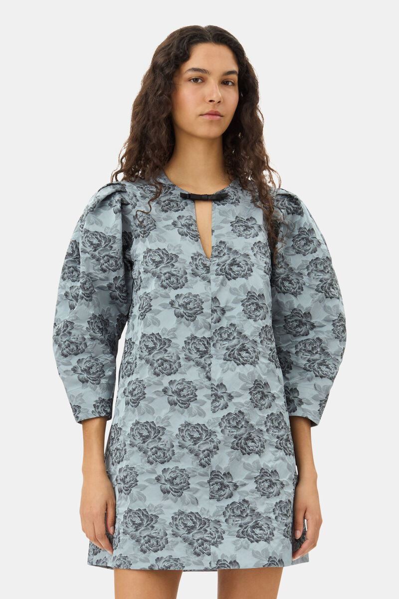 Blue Floral Jacquard A-Line Mini Dress, Polyamide, in colour Illusion Blue - 2 - GANNI