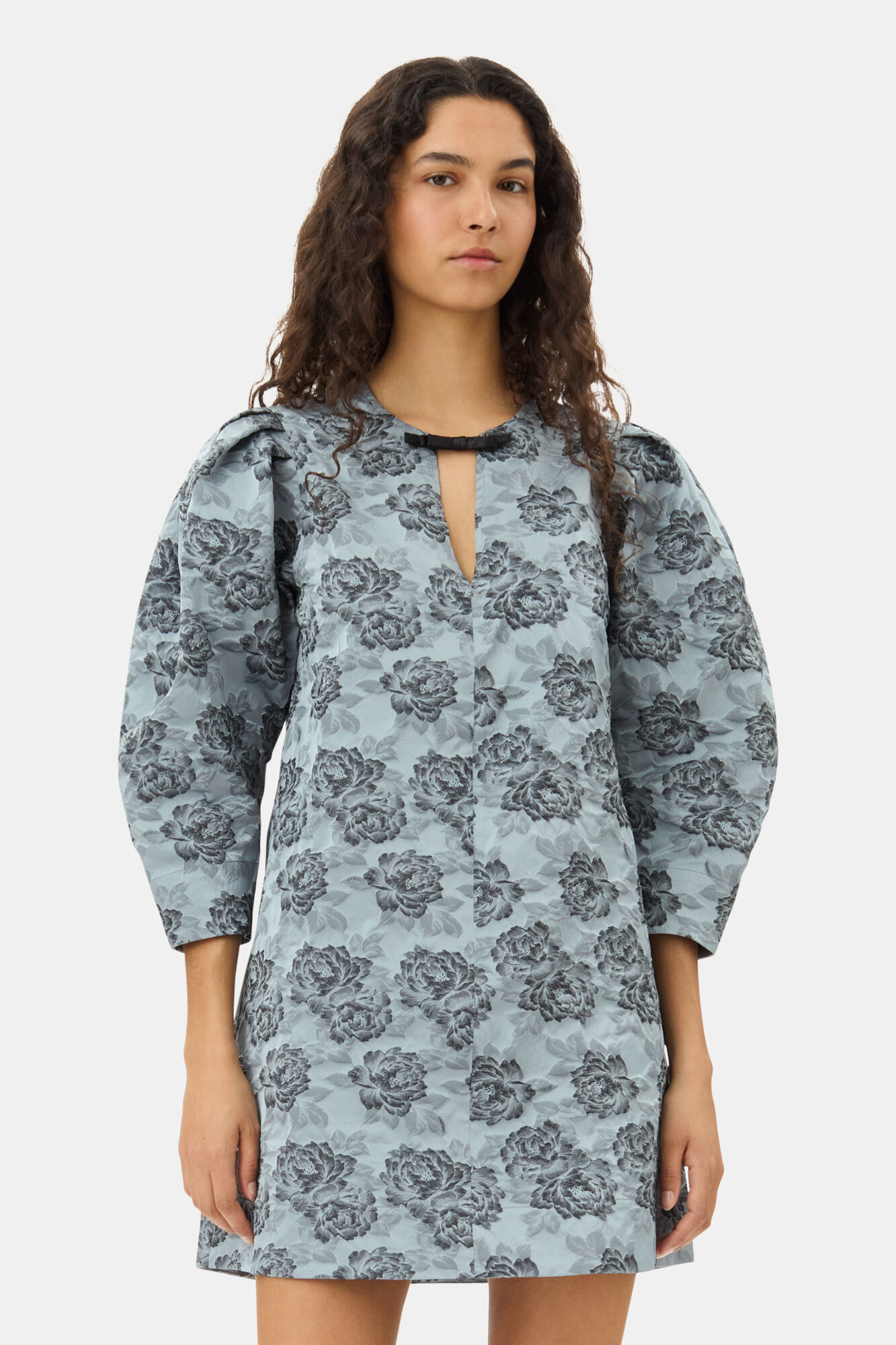 Blue Floral Jacquard A-Line Mini Dress, Polyamide, in colour Illusion Blue - 2 - GANNI