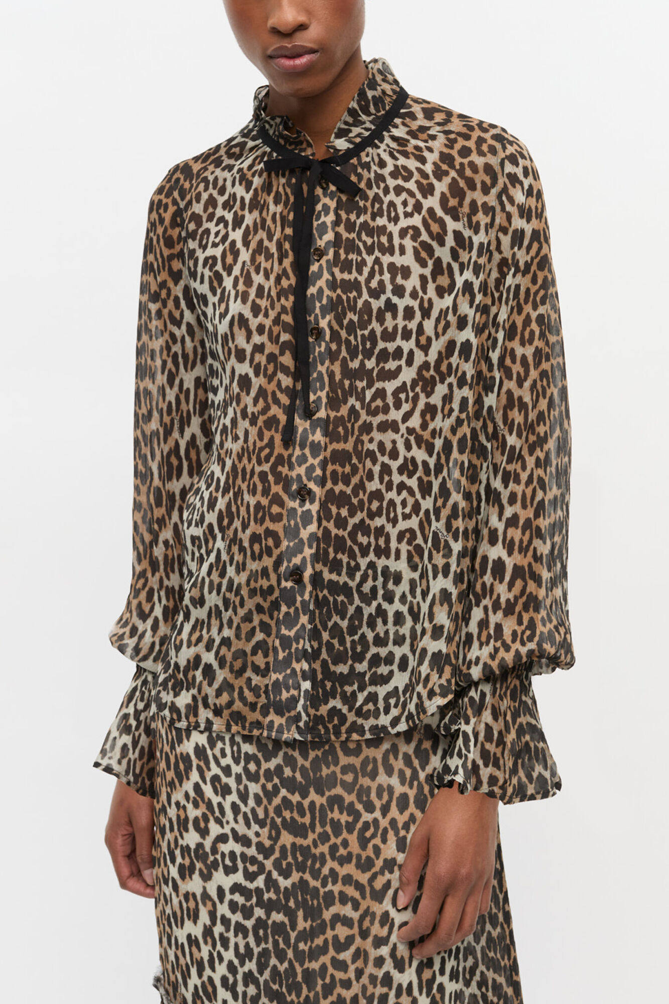 Ganni Women's Mixed Leopard Print Chiffon Tie String Shirt - Viscose Size 36