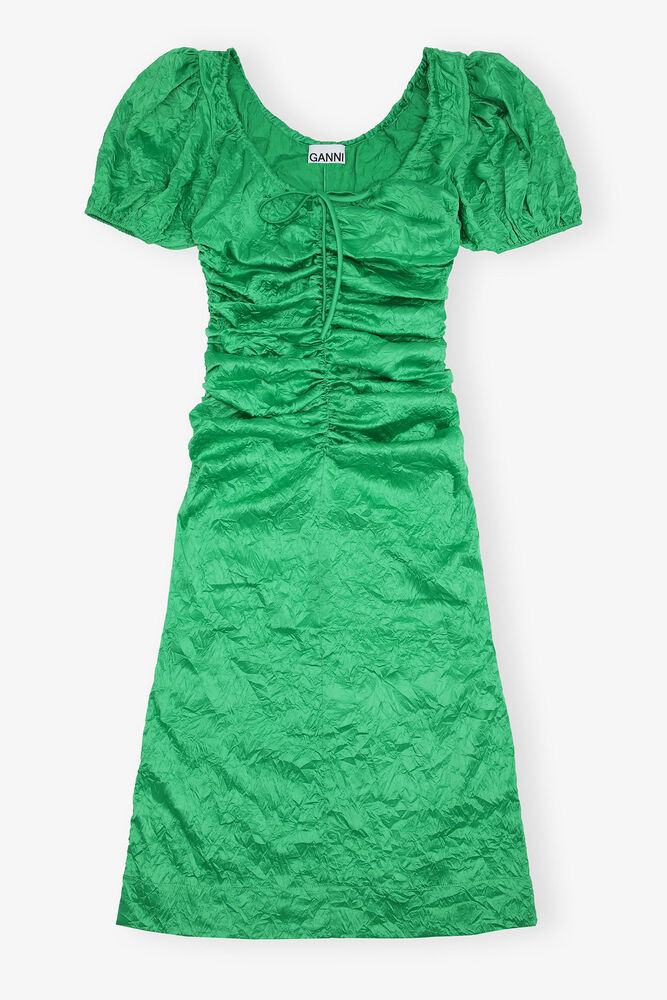 Green Crinkled Satin Midi Dress, Bright Green