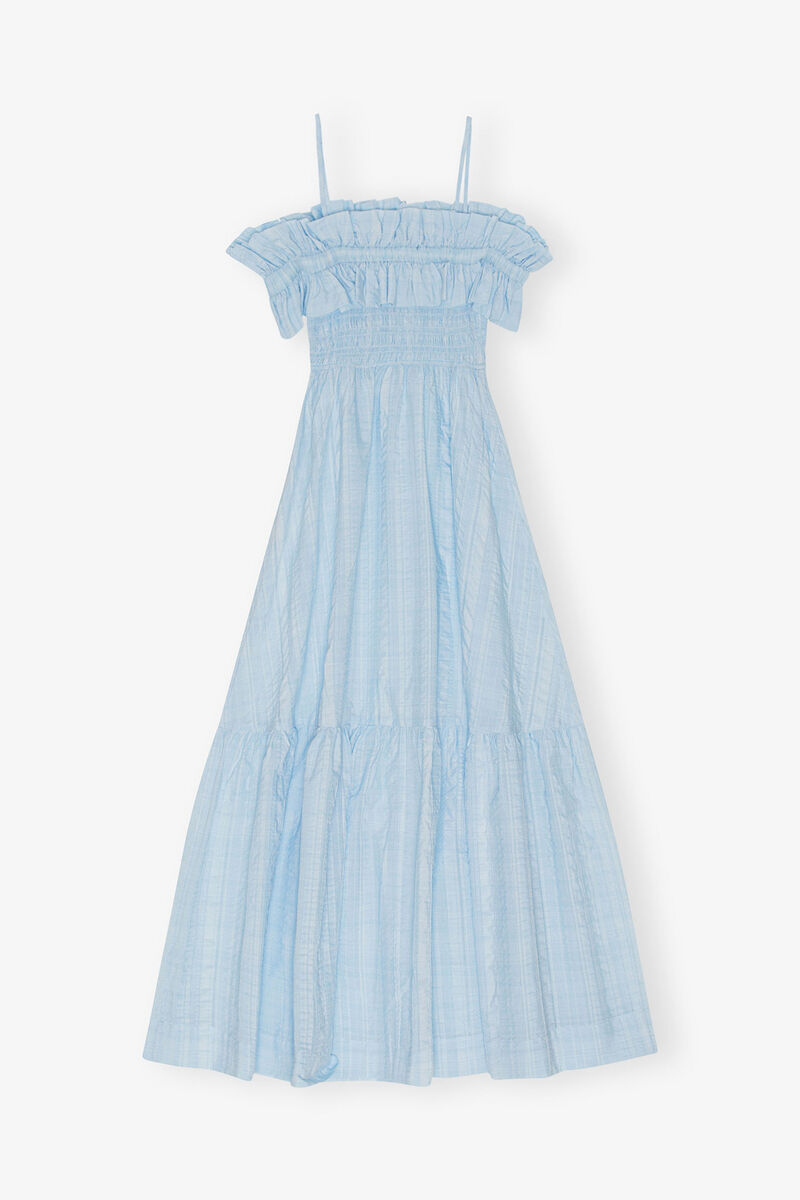Seersucker Check Smock Maxi Dress, Organic Cotton, in colour Ice Water - 2 - GANNI