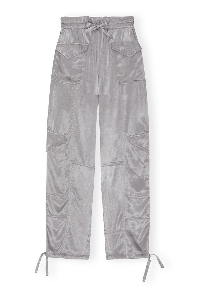 Grey Washed Satin Trousers, Cupro, in colour Frost Gray - 1 - GANNI