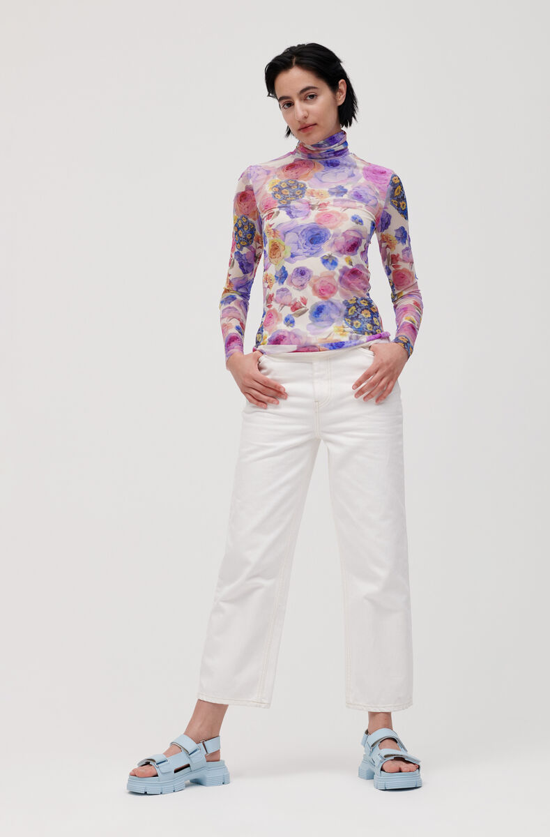 Lediga raka jeans med hög midja, Cotton, in colour Bright White - 1 - GANNI