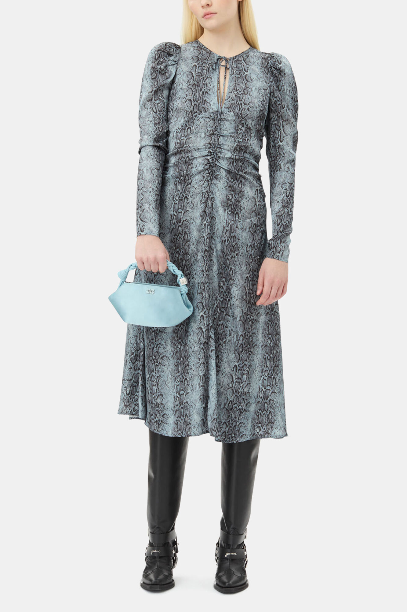 Blue Snake Print Ruched Midi Dress, Viscose, in colour Celestial Blue - 1 - GANNI