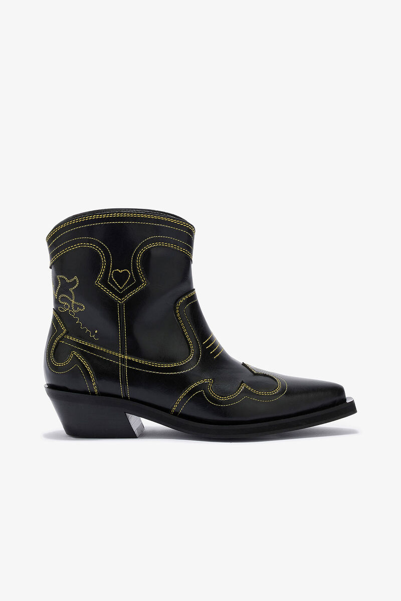 Low Shaft Embroidered Western Boots, in colour Blazing Yellow - 1 - GANNI