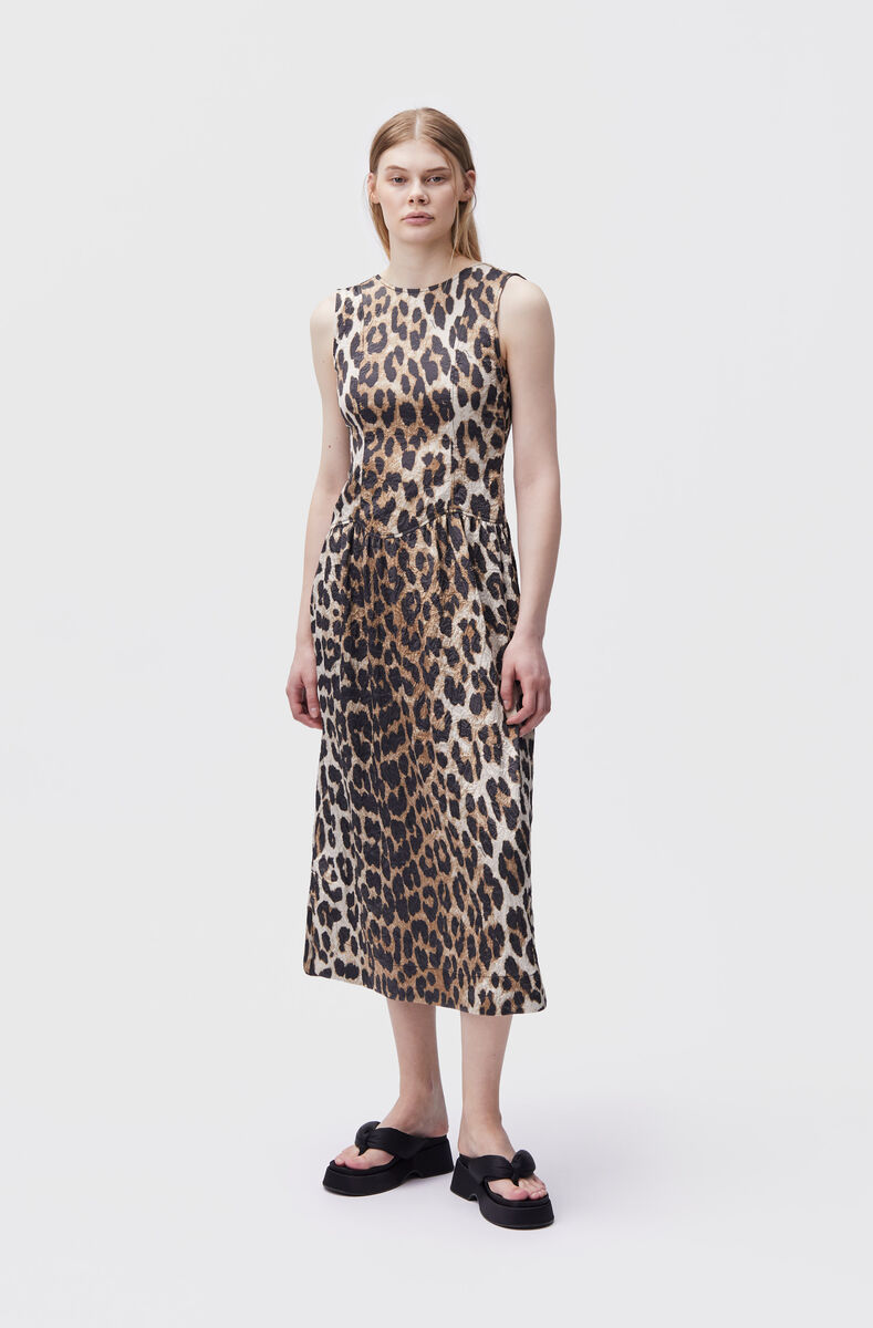 Crinkled Satin Crinkled Satin Open Back Dress, Polyester, in colour Maxi Leopard - 1 - GANNI