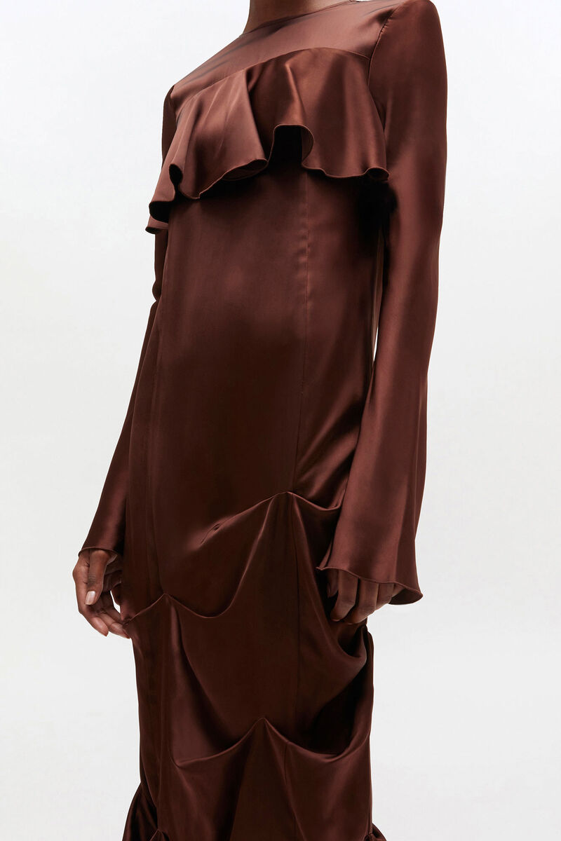 Brown Ruffle Dress, Viscose, in colour Chicory Coffee - 3 - GANNI