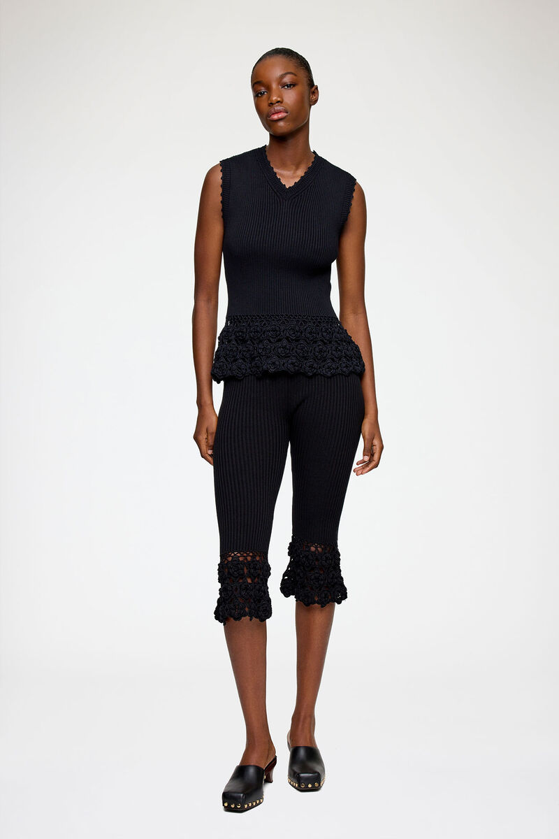Trousers in Cotton Crochet, Organic Cotton, in colour Black - 1 - GANNI