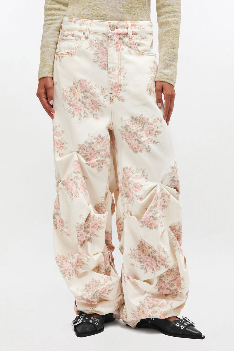 Floral Printed Draped Jeans, Cotton, in colour Egret - 2 - GANNI