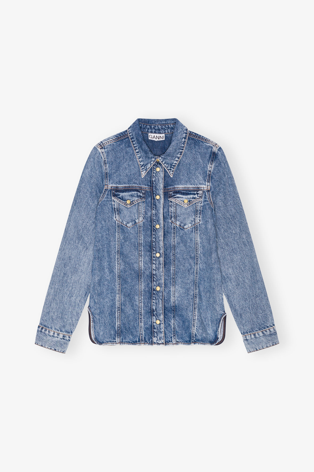 Blue Denim Shirt, Lyocell, in colour Mid Blue Stone - 1 - GANNI