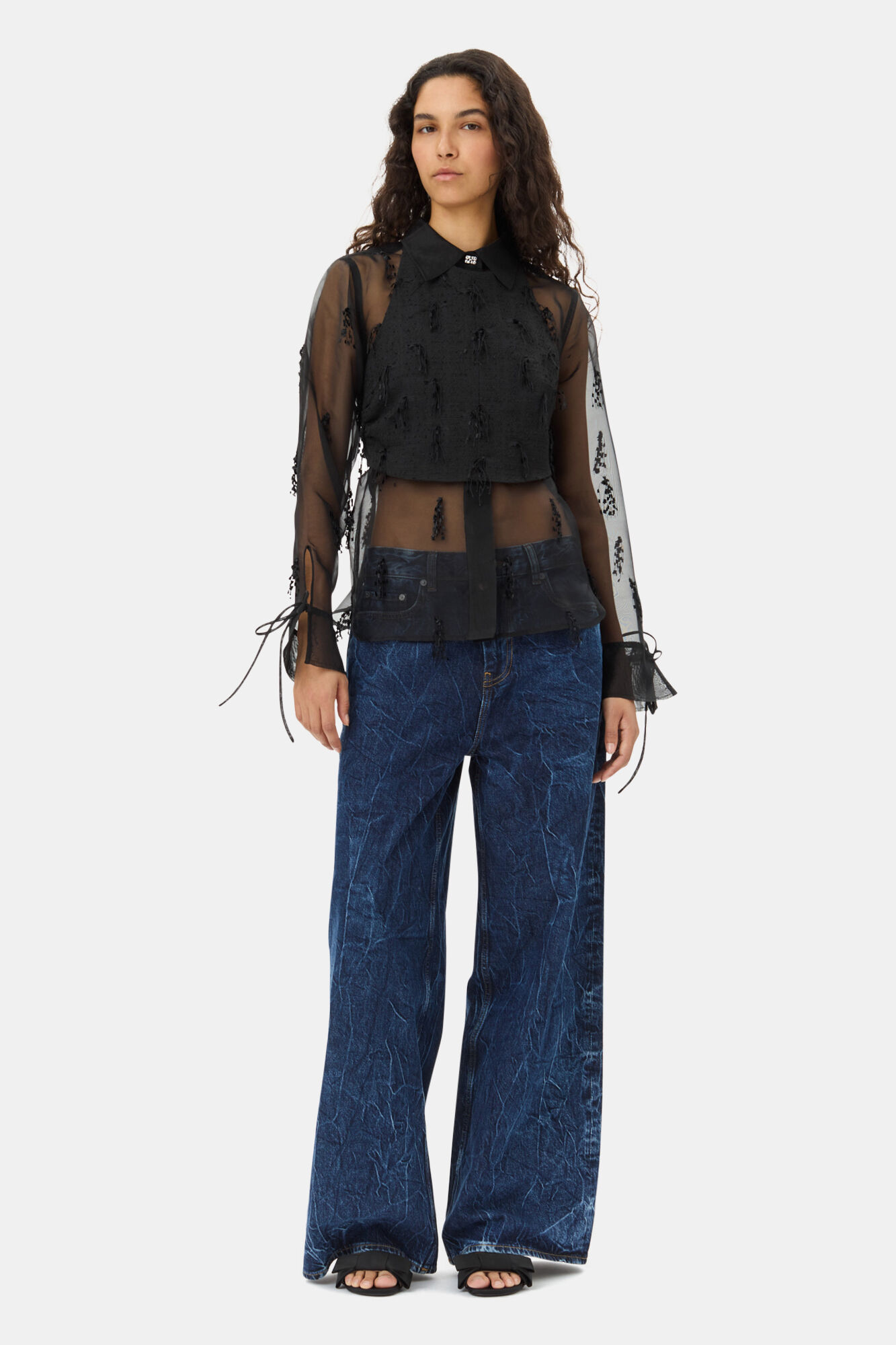 Black Fringed Organza Shirt, Recycled Polyester, in colour Black - 2 - GANNI