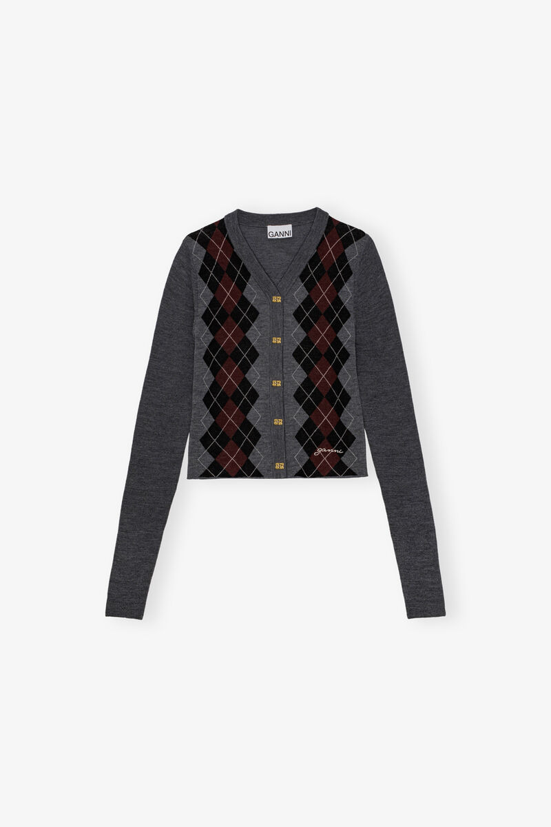 Cardigan in Grey Wool, Merino Wool, in colour Frost Gray - 1 - GANNI