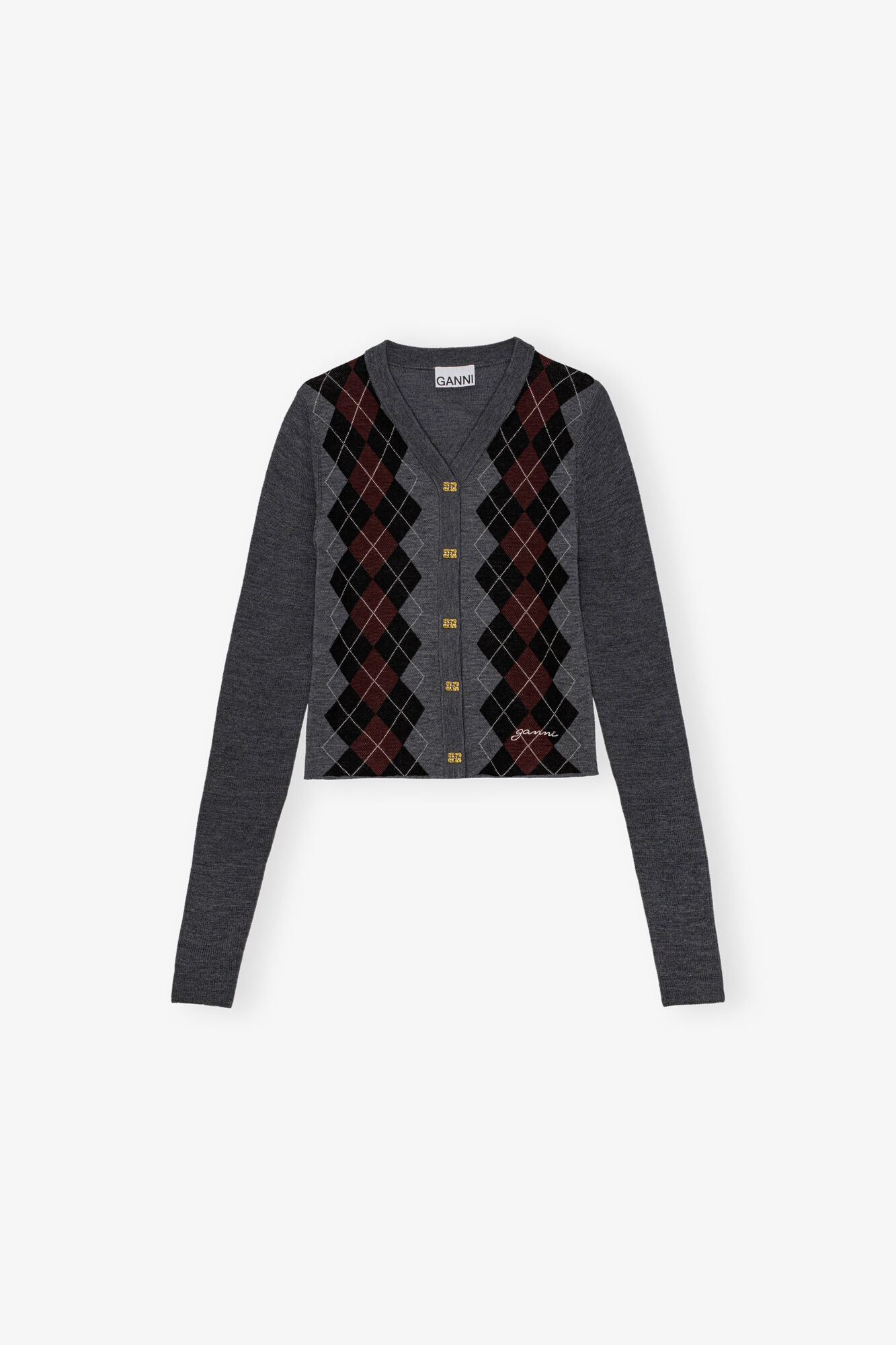 Cardigan in Grey Wool, Merino Wool, in colour Frost Gray - 1 - GANNI