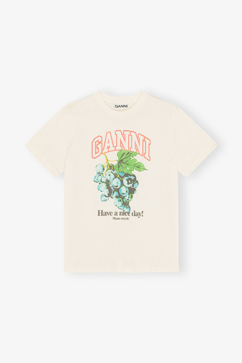 Ivory Grapes Print T-shirt, Organic Cotton, in colour Egret - 1 - GANNI