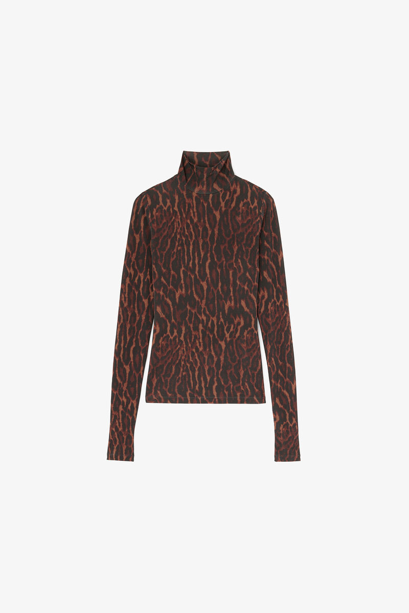 Turtleneck in Printed Jersey, Viscose, in colour Rawhide - 1 - GANNI