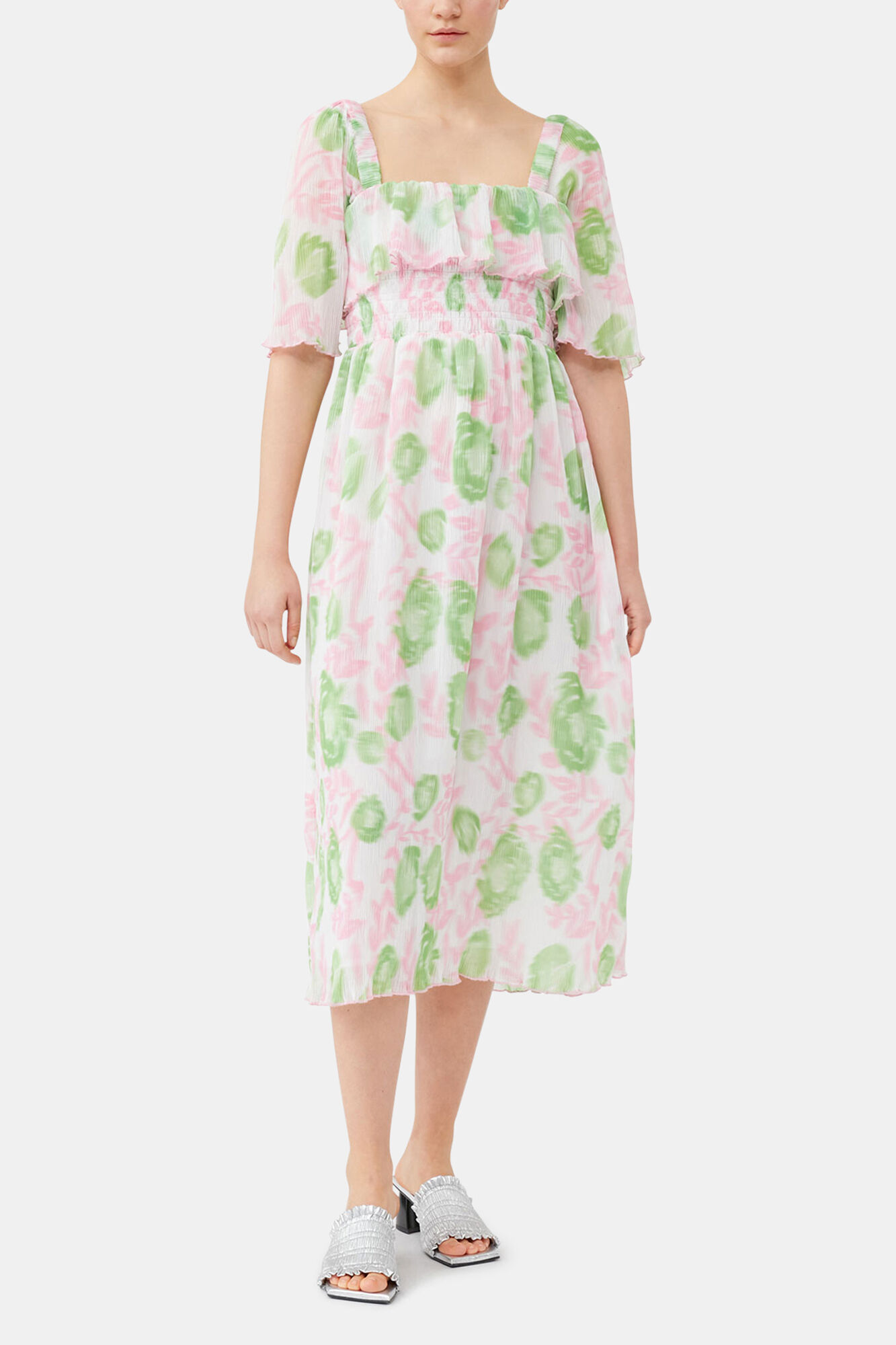 Pleated Georgette Midi Smock Dress, Recycled Polyester, in colour Pink Tulle - 5 - GANNI