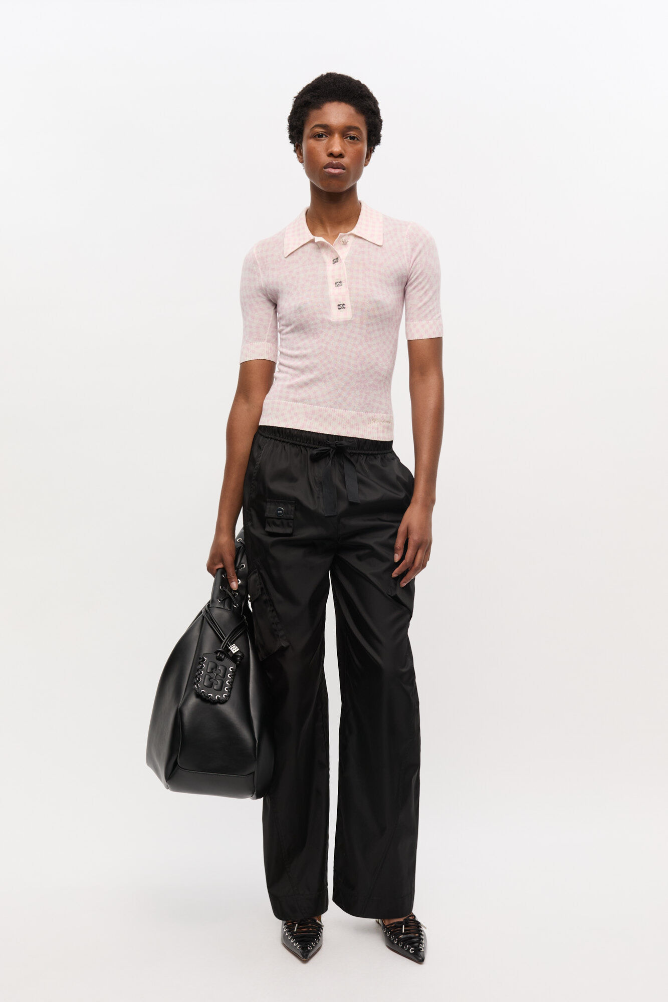Pink Sheer Cotton Printed Polo Shirt, Elastane, in colour Bleached Mauve - 2 - GANNI