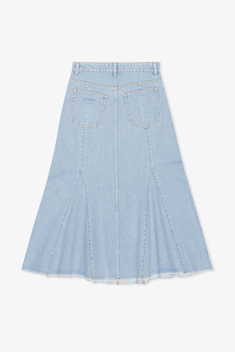 Bleach Denim Peplum Midi Skirt, Cotton, in colour Light Blue Stone - 2 - GANNI
