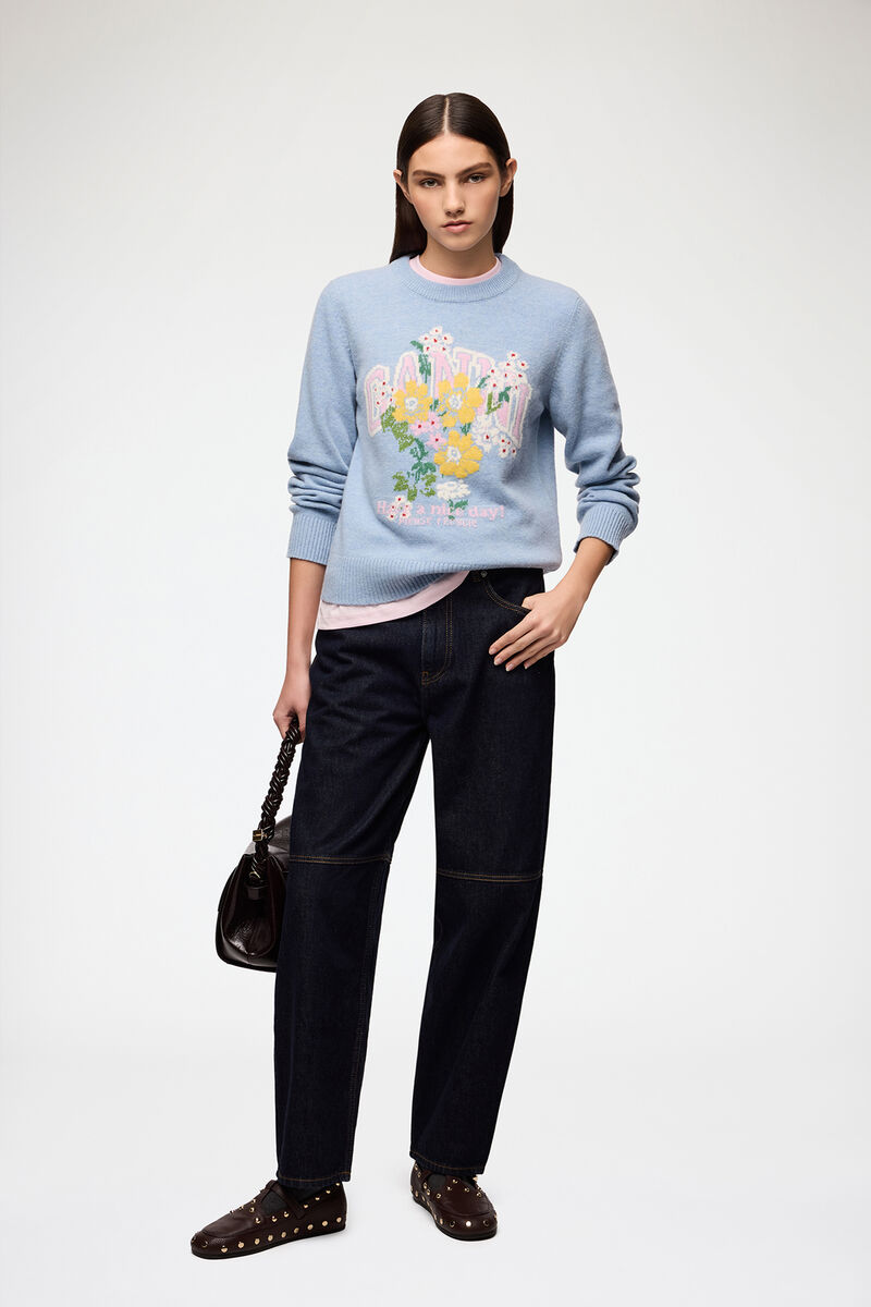 Jumper with Flowers, Wool, in colour Blue Bonnet - 2 - GANNI