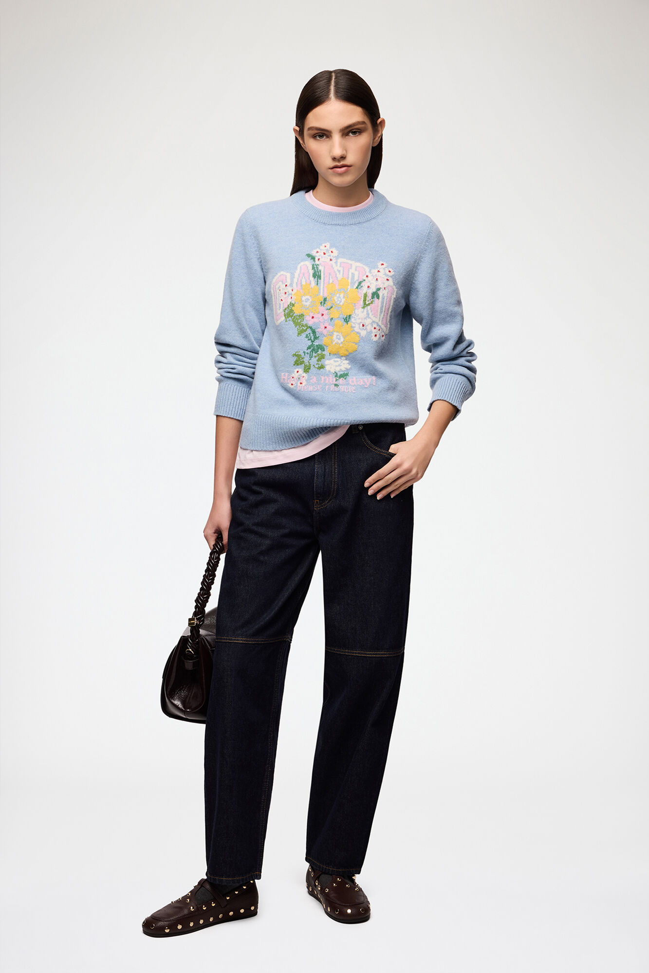 Jumper with Flowers, Wool, in colour Blue Bonnet - 2 - GANNI