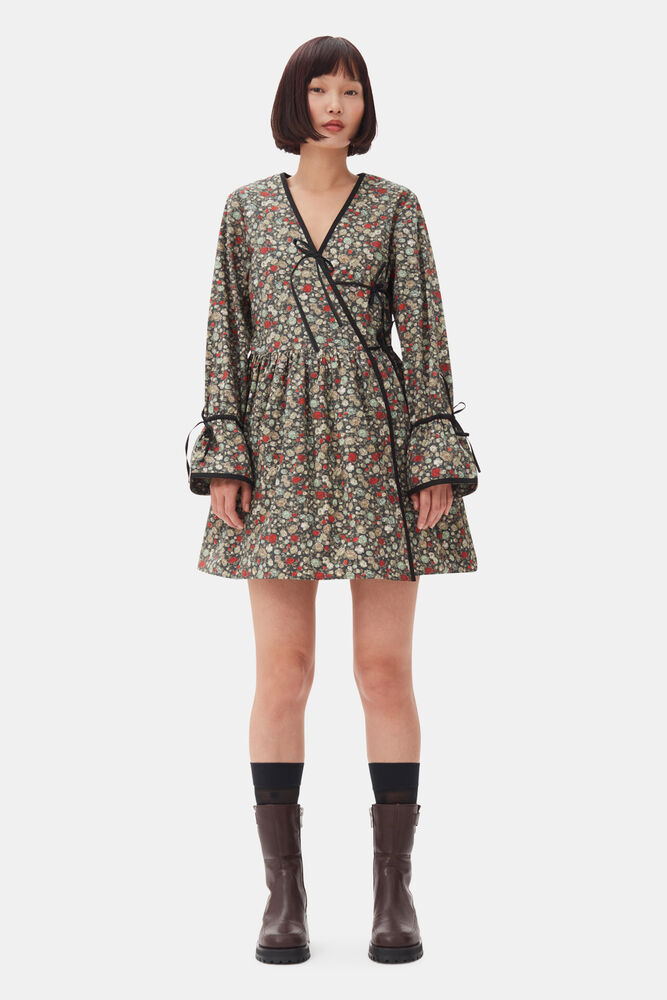 Floral Printed Wrap Dress, Black Sand