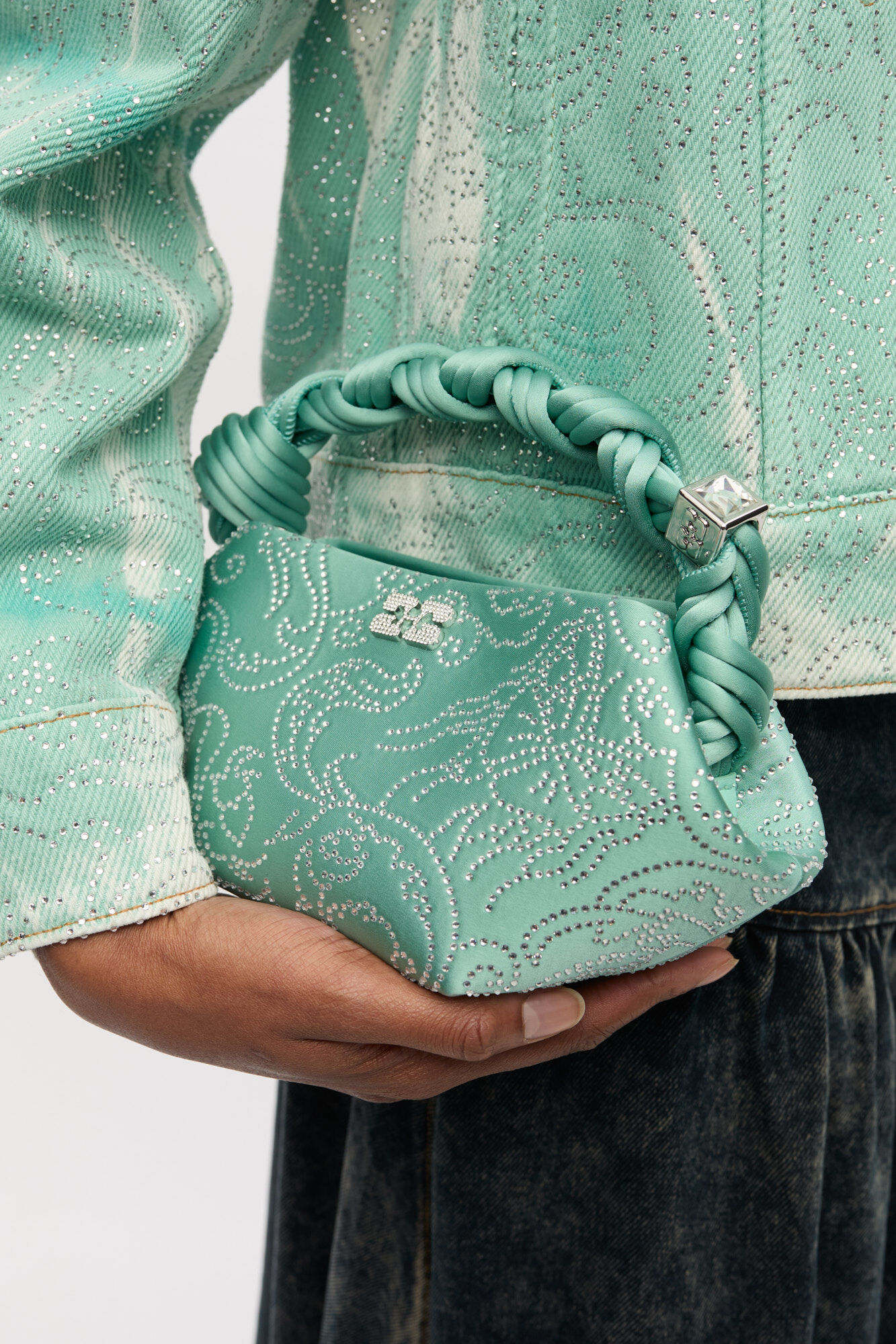 Green Rhinestone Mini GANNI Bou Bag, Recycled Polyester, in colour Brook Green - 3 - GANNI
