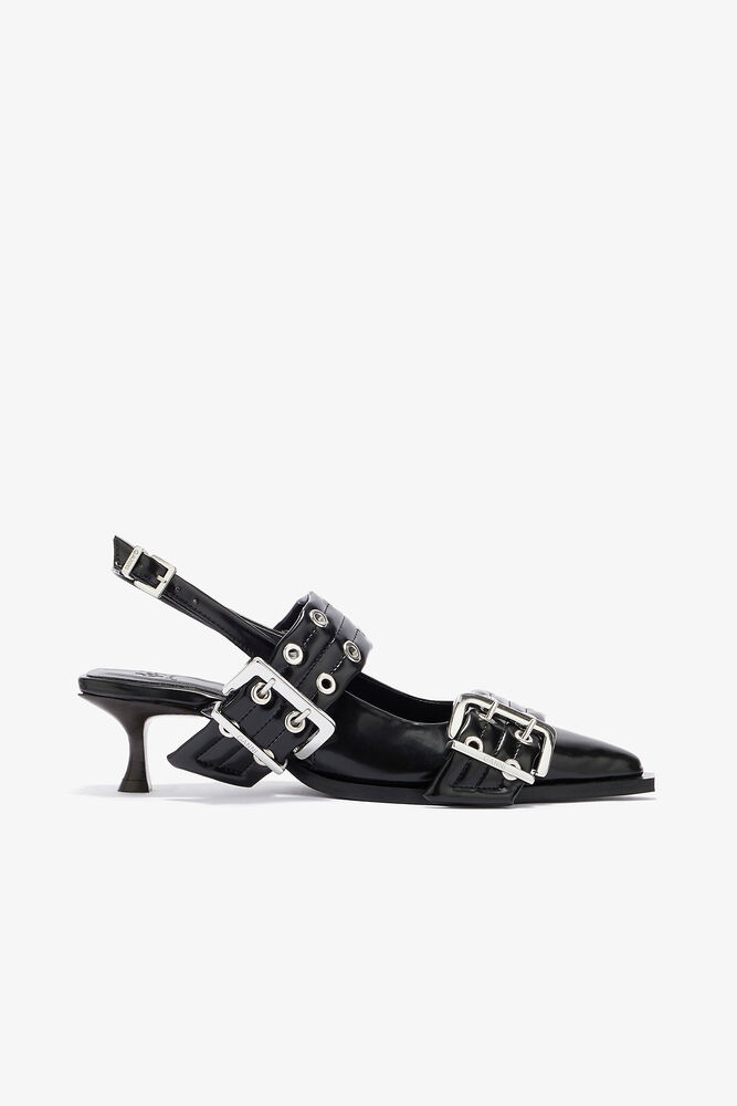 Feminine Buckle Heels in Black, Black