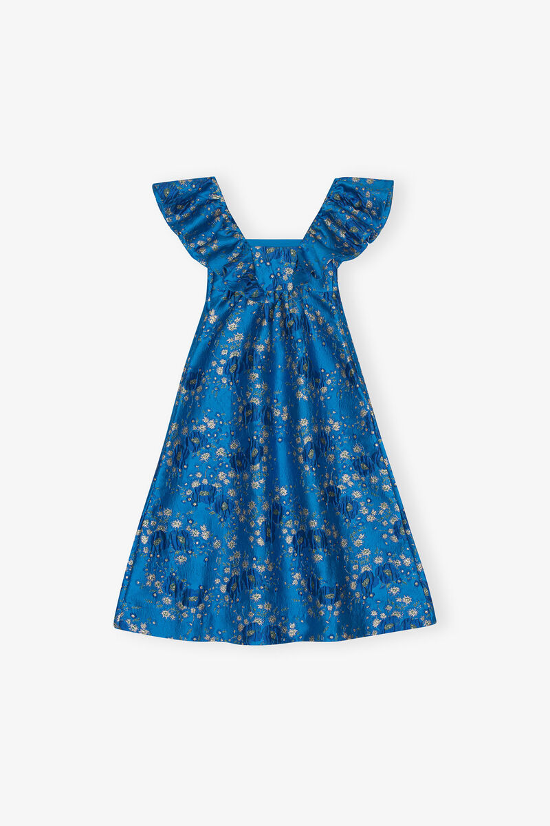 3D Jacquard Ruffle Midi Dress, Recycled Polyester, in colour Brilliant Blue - 2 - GANNI