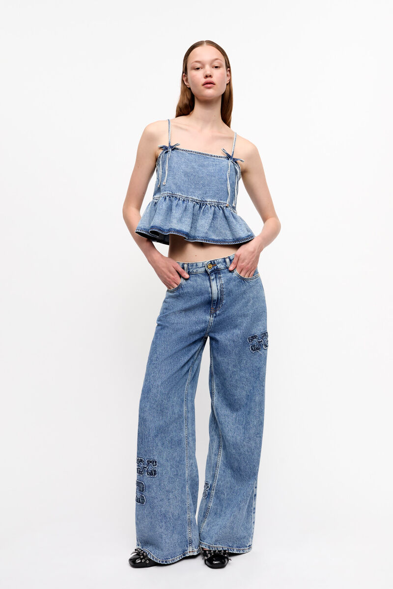 Blue Denim Strap Top, Lyocell, in colour Mid Blue Stone - 3 - GANNI