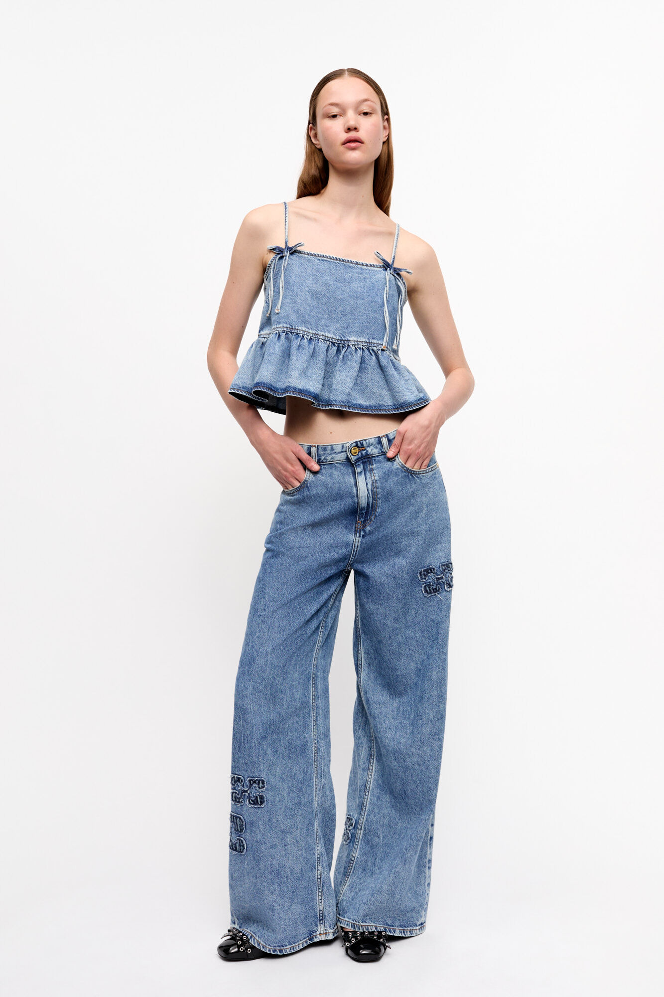 Blue Denim Strap Top, Lyocell, in colour Mid Blue Stone - 3 - GANNI