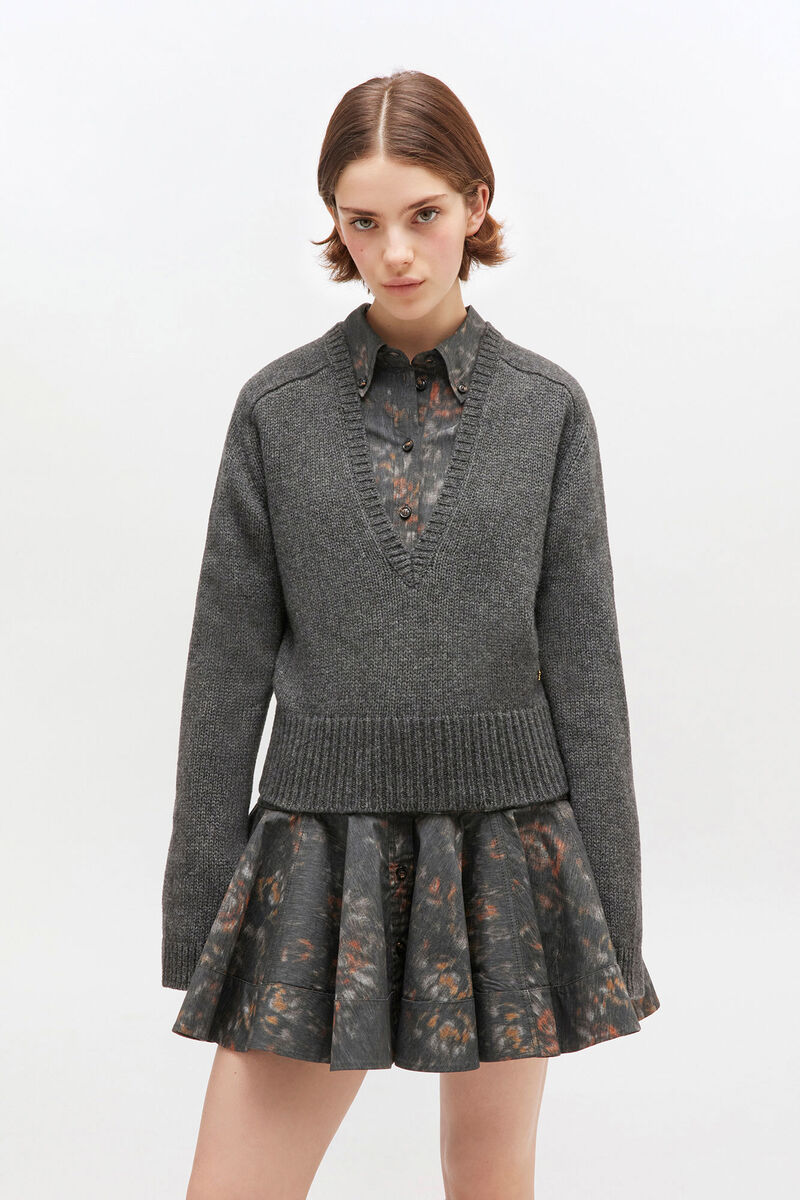 Dark Grey V-neck Jumper, Wool, in colour Phantom - 2 - GANNI