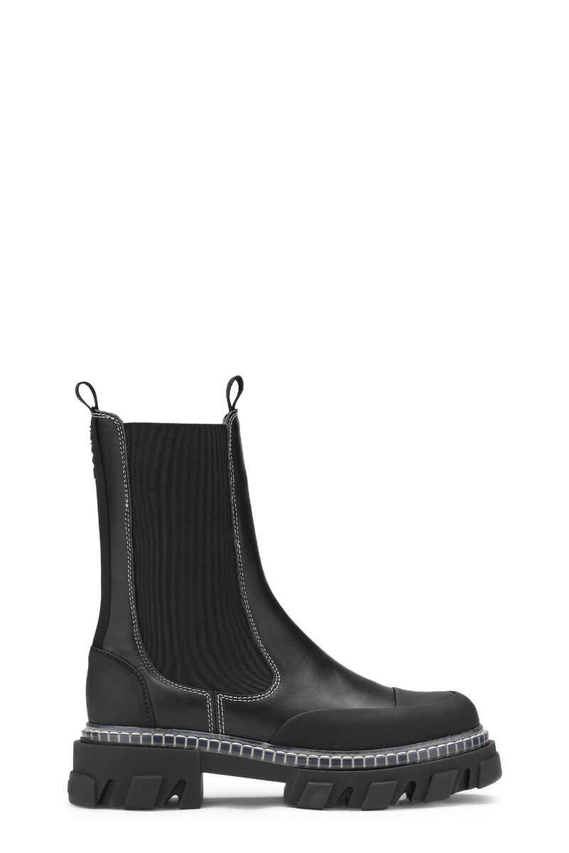 Cleated Mid Chelsea Boots, Calf Leather, in colour Black - 1 - GANNI