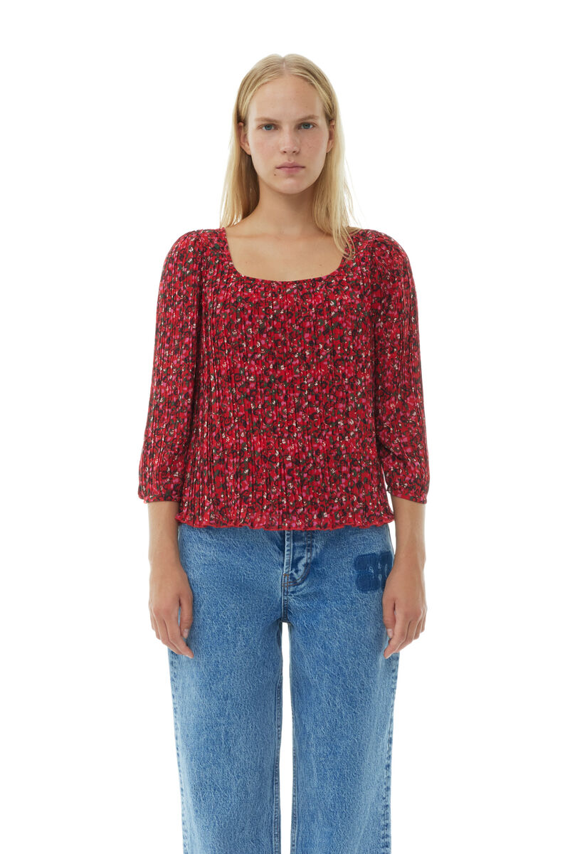 Red Pleated Georgette Blouse, Recycled Polyester, in colour Racing Red - 1 - GANNI