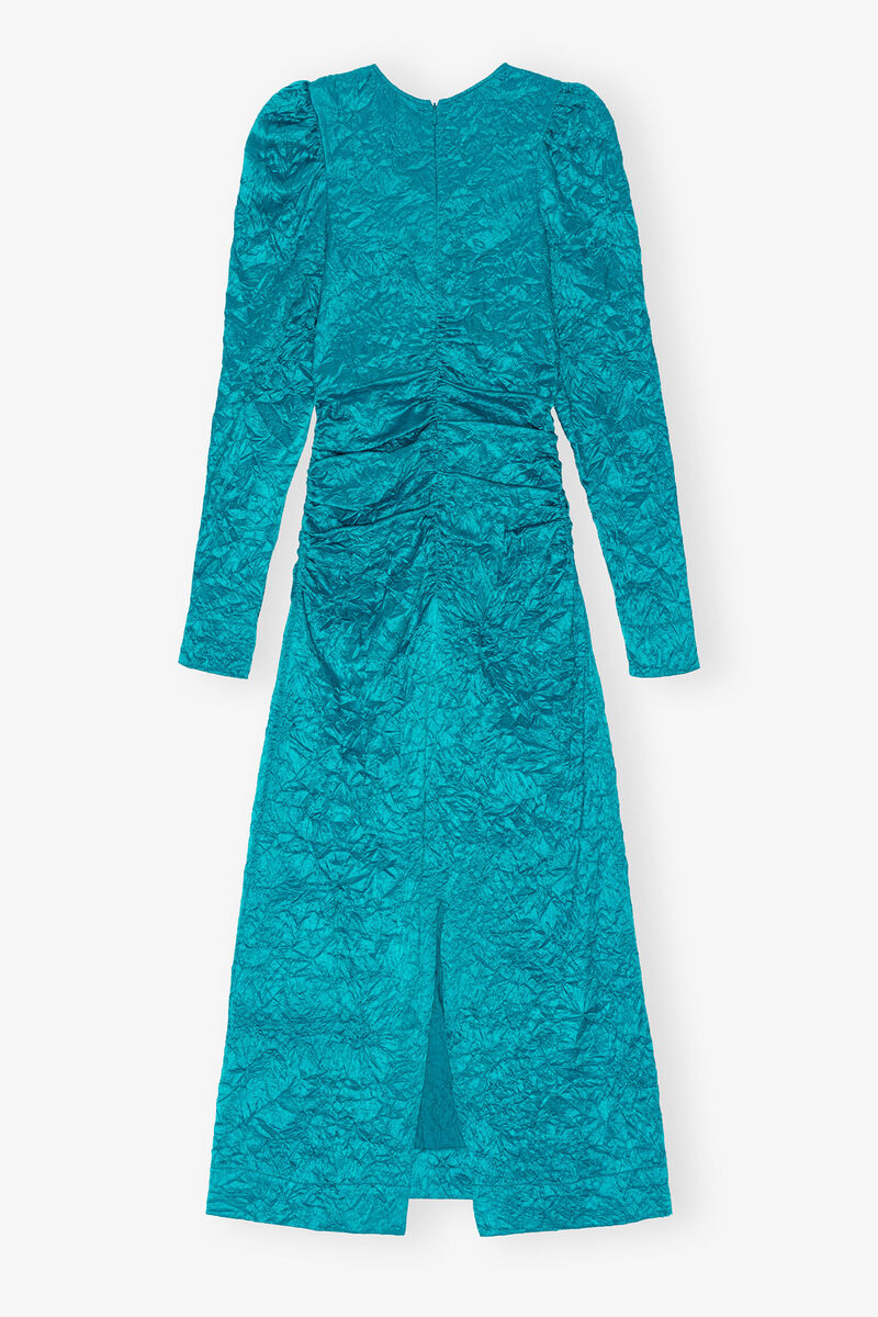 Blå Skrynklig Satin Midi Klänning med Rund Hals, Elastane, in colour Algiers Blue - 2 - GANNI