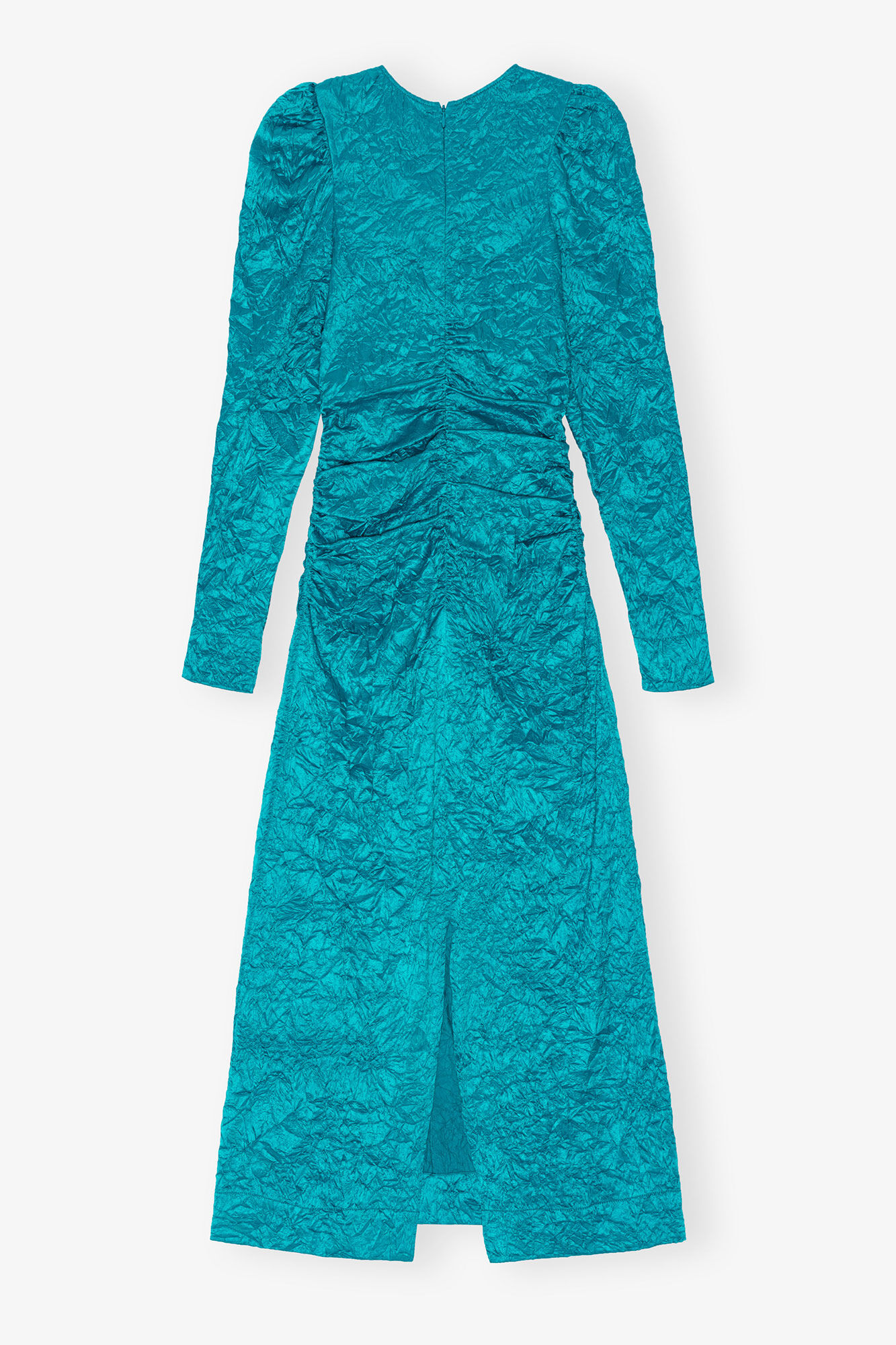 Blå Skrynklig Satin Midi Klänning med Rund Hals, Elastane, in colour Algiers Blue - 2 - GANNI