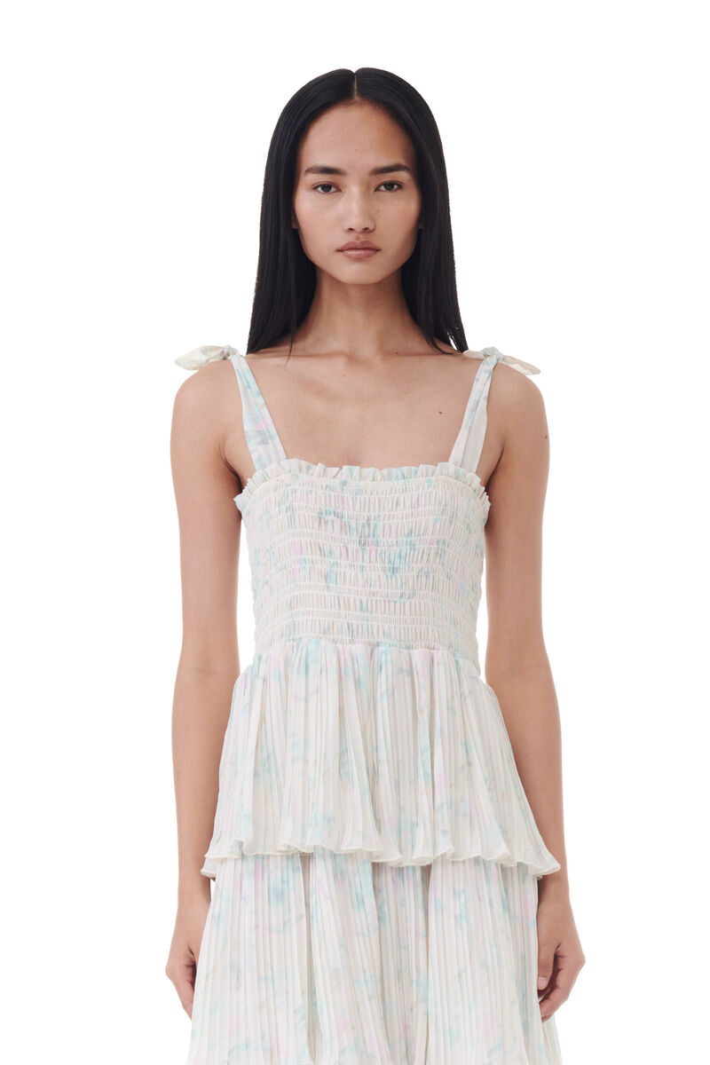 Floral Printed Pleated Georgette Strap Smock Midi-kjole, Recycled Polyester, in colour Tofu - 2 - GANNI