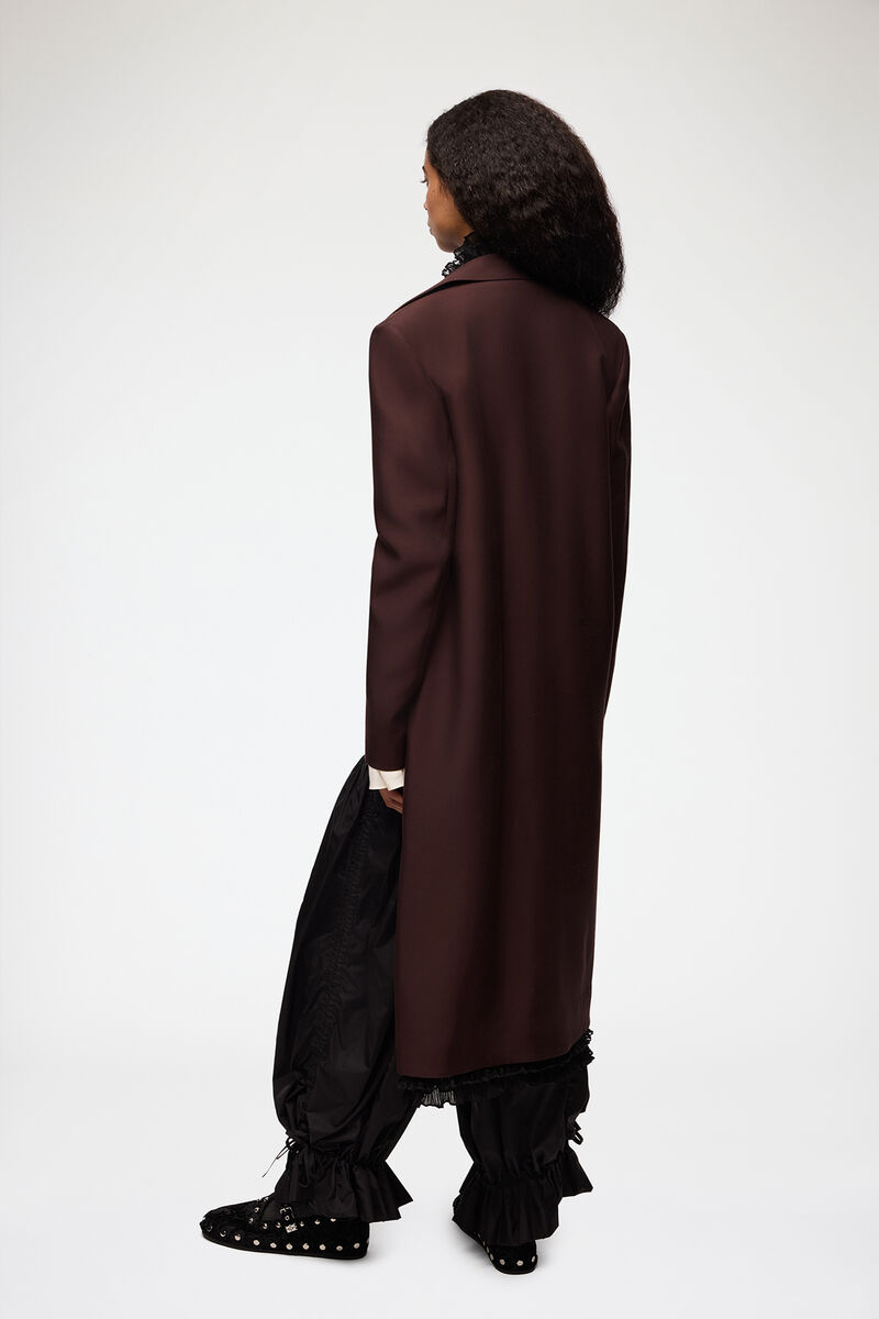 Lang blazer i brun ull, Viscose, in colour Chocolate Plum - 3 - GANNI