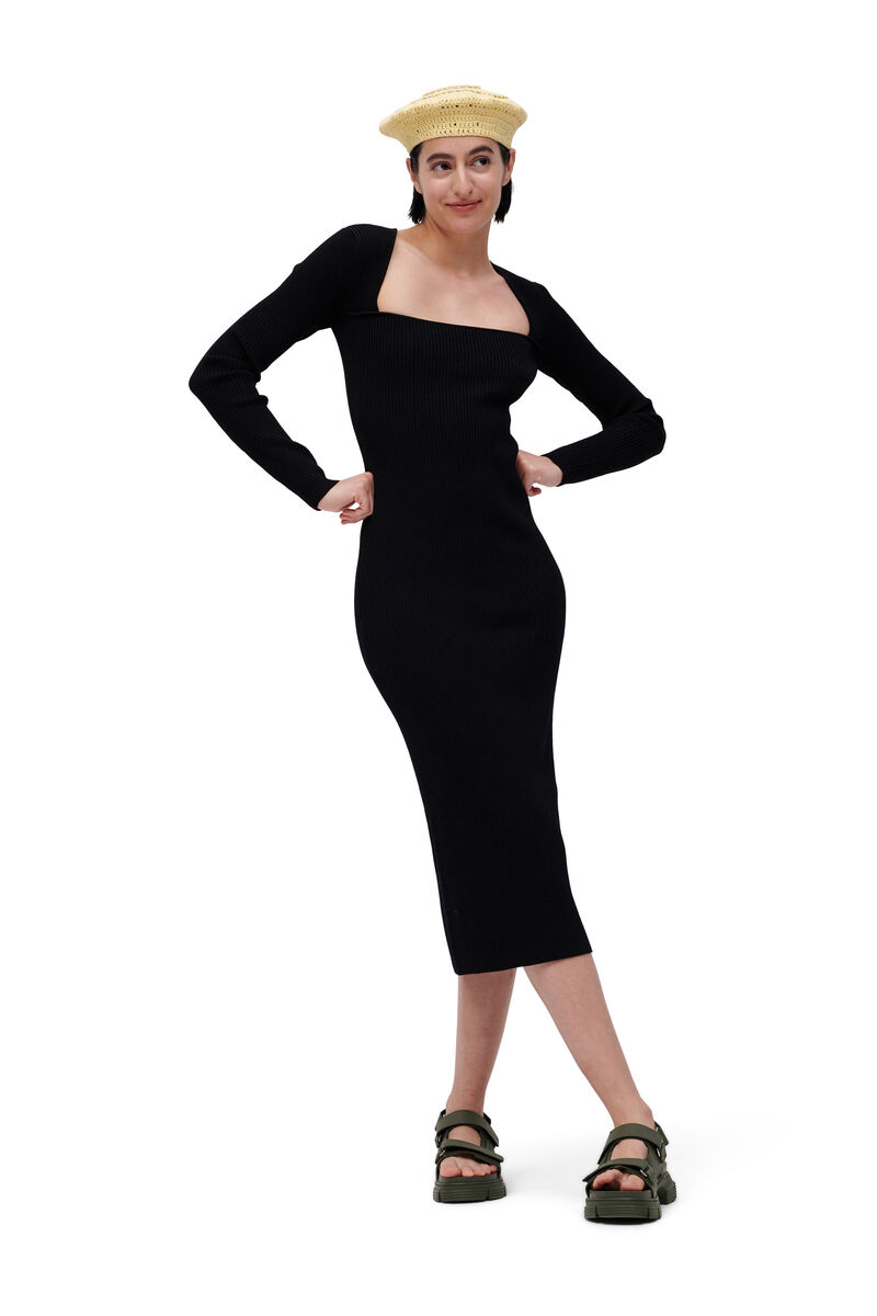 Ribbstickad åtsittande mellanlång klänning i rayon, Elastane, in colour Black - 1 - GANNI