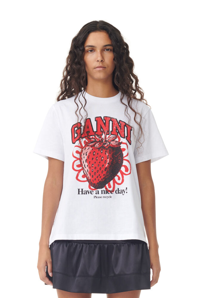 GANNI White Relaxed Strawberry T-shirt,Bright White