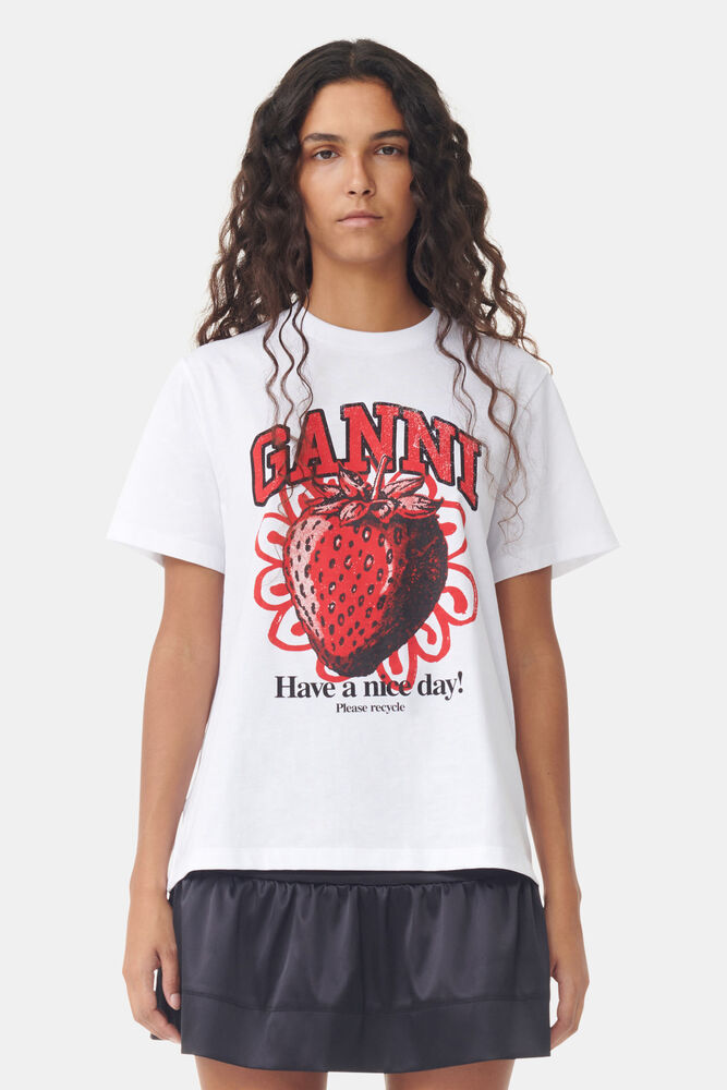 GANNI White Relaxed Strawberry T-shirt,Bright White